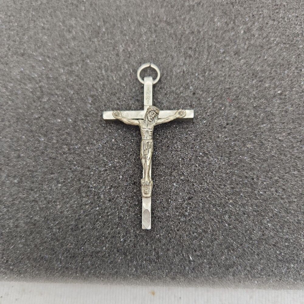 Pendant Crucifix INRI Sacred Heart Jesus 2" Cross Silver Tone Italy Non-Magnet